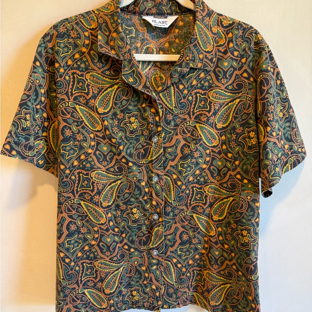 Blair Men’s Short-Sleeve Paisley Button-Up Shirt - Green/Gold/Brown